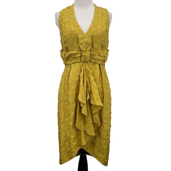 Quillaree Anthropologie Size 2 Silk Ruffle Cocktail Party Dress Mustard Gold - Picture 1 of 12